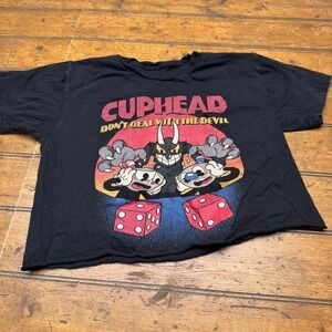 Cuphead Dont Deal With The Devil Black Graphic Crop Top T-Shirt Womens Small